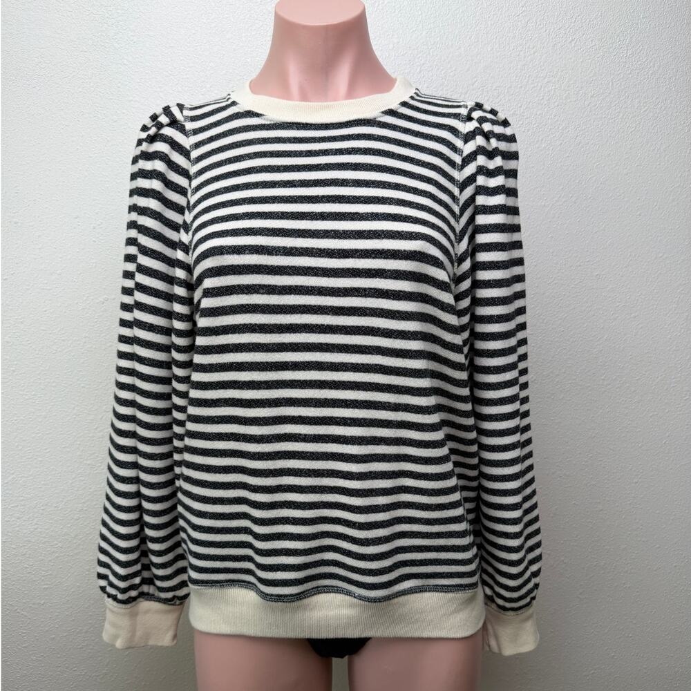 The Great. Black & Cream Striped Pleated Shoulder Sweatshirt Sweater